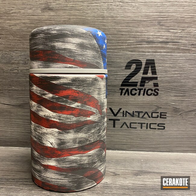 Cerakoted: NRA Blue H-171,FIREHOUSE RED H-216,Snow White H-136,Graphite Black H-146,Distressed American Flag,Custom Cup,American Flag,Thermos