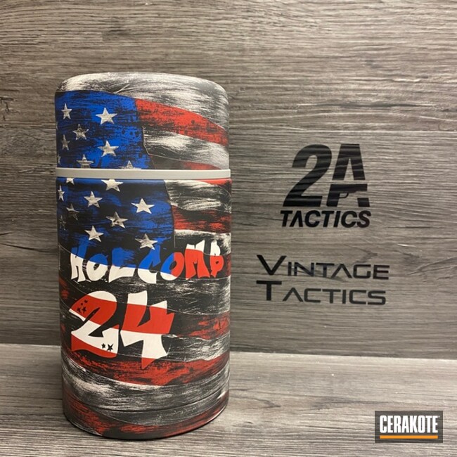 Distressed American Flag Theme Thermos Cup Cerakoted Using Snow White, Nra Blue And Graphite Black