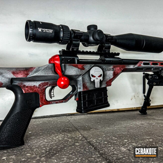 Savage Bolt Action Rifle Cerakoted Using Satin Aluminum, Usmc Red And Graphite Black