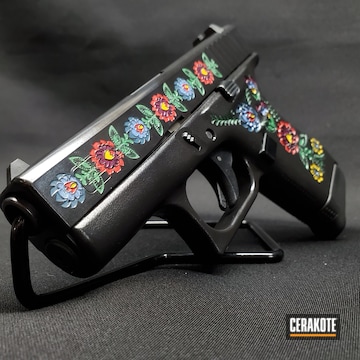 Floral Pattern Themed Glock 42 Cerakoted Using Squatch Green, Sunflower And Habanero Red
