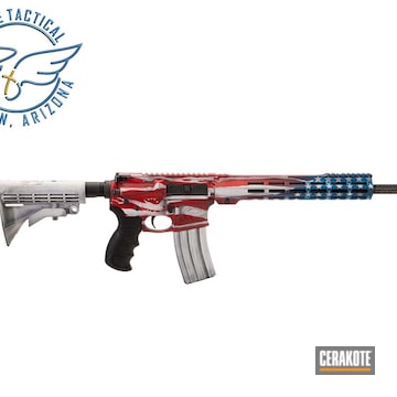 Distressed American Flag Themed Ar Build Cerakoted Using Sky Blue, Graphite Black And Ruby Red