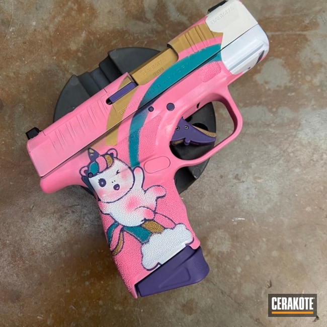 Unicorn Themed Springfield Armory Hellcat Cerakoted Using Pink Sherbet, Stormtrooper White And Aztec Teal