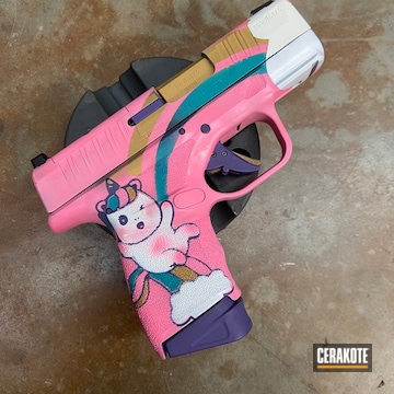 Unicorn Themed Springfield Armory Hellcat Cerakoted Using Pink Sherbet, Stormtrooper White And Aztec Teal