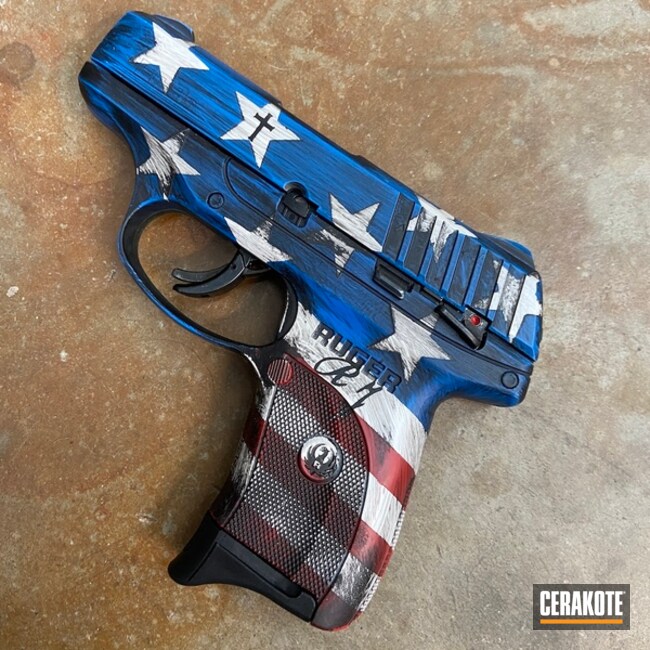 Distressed American And Mexican Flag Themed Ruger Ec9s Cerakoted Using Kel-tec® Navy Blue, Stormtrooper White And Highland Green
