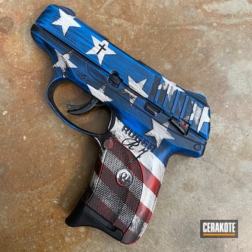 Distressed American And Mexican Flag Themed Ruger Ec9s Cerakoted Using Kel-tec® Navy Blue, Stormtrooper White And Highland Green