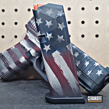 Distressed American Flag Themed Glock 19 Cerakoted Using Snow White, Navy And Fire