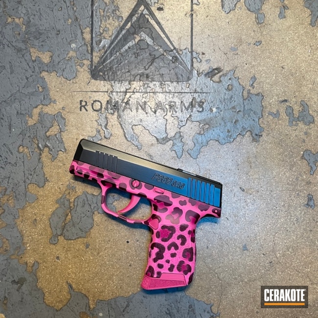 Leopard Print Themed Sig Sauer P365 Cerakoted Using Sangria, Prison Pink And Black Cherry