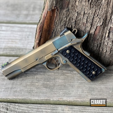 Copper Patina 1911a1 Pistol Cerakoted Using Midnight Bronze, Aztec Teal And Graphite Black