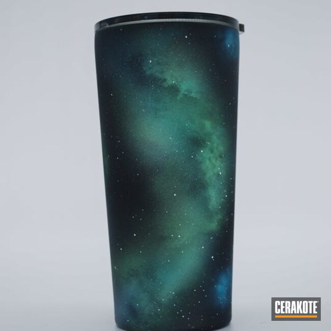 Galaxy Themed Tumbler Cerakoted Using Midnight, Bright White And Parakeet Green