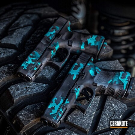 Powder Coating: Graphite Black H-146,S.H.O.T,Pistol,Glock 19,Camo,Custom Camo,Camouflage,AZTEC TEAL H-349,apachecam