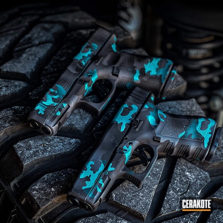 Powder Coating: Graphite Black H-146,S.H.O.T,Pistol,Glock 19,Camo,Custom Camo,Camouflage,AZTEC TEAL H-349,apachecam