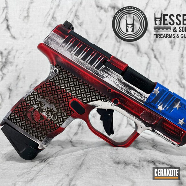 Distressed American Flag Themed Springfield Armory Hellcat Cerakoted Using Stormtrooper White, Usmc Red And Nra Blue