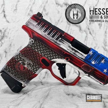 Distressed American Flag Themed Springfield Armory Hellcat Cerakoted Using Stormtrooper White, Usmc Red And Nra Blue