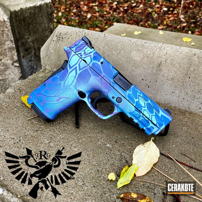Kryptek Camo Smith & Wesson M&p Shield Ez Cerakoted Using Nra Blue, Robin's Egg Blue And Bright Purple
