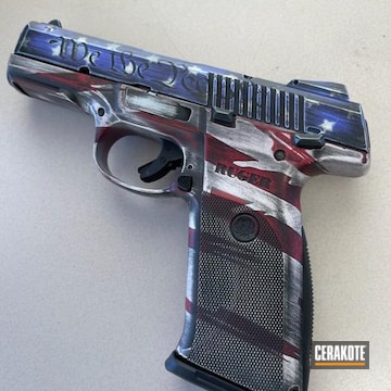 Distressed American Flag Themed Ruger Sr9 Cerakoted Using Periwinkle, Armor Black And Bright White