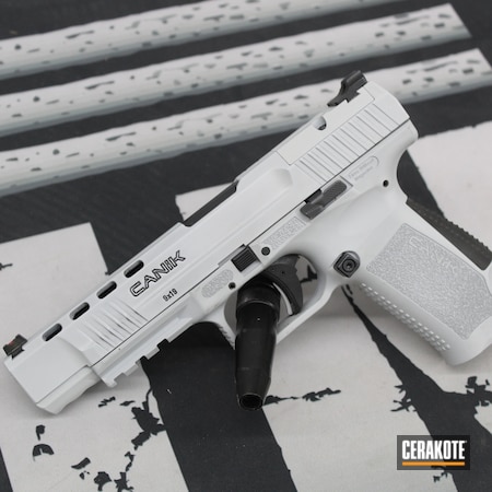 Powder Coating: Hidden White H-242,9mm,S.H.O.T,Custom Pistol,Canik,9mm Luger,Semi Auto,Graphite Black H-146,tp9sfx,Custom Paint,Pistol,Handgun,Semi-Auto