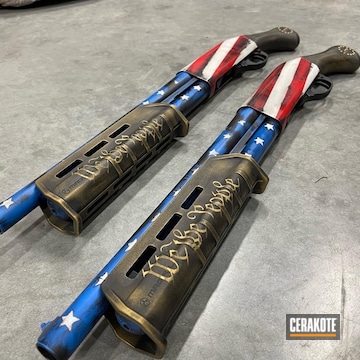 Distressed American Flag Themed Redington 870's Cerakoted Using Bright White, Usmc Red And Nra Blue