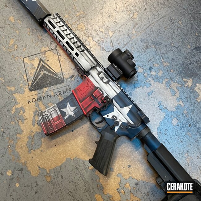 Distressed Texas Flag Themed Ar Cerakoted Using Usmc Red, Bright White And Nra Blue
