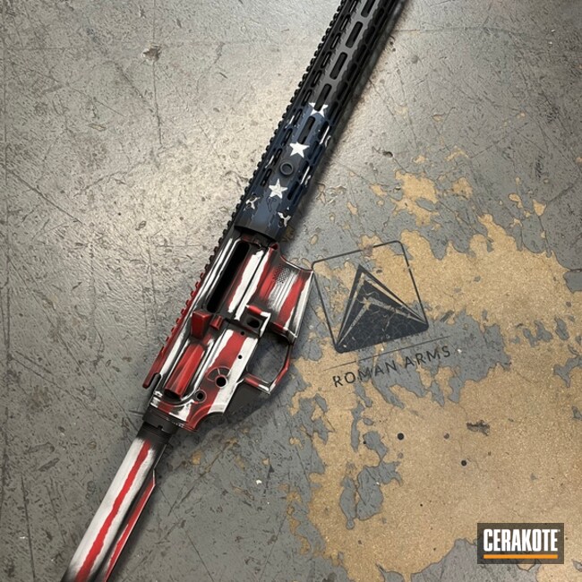 Distressed American Flag Themed Ar Builders Set Cerakoted Using Usmc Red, Bright White And Nra Blue