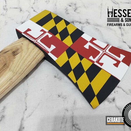 Powder Coating: AX,Graphite Black H-146,Corvette Yellow H-144,S.H.O.T,Flag,HABANERO RED H-318,Axe,Stormtrooper White H-297,Throwing Axes,Maryland,Maryland Flag