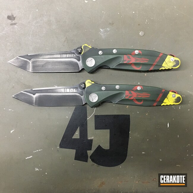 Boba Fett Themed Knives Cerakoted Using Crimson, Highland Green And Titanium