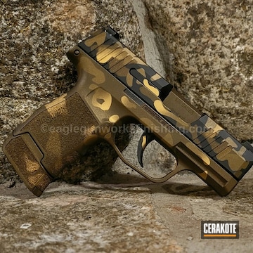 Custom Camo Sig Sauer P365 Cerakoted Using Midnight Bronze, Armor Black And Burnt Bronze