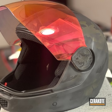 Custom Camo Motorcycle Helmet Cerakoted Using Graphite Black, Sniper Grey And Mil Spec O.d. Green
