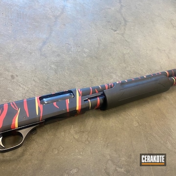Tiger Stripe Camo Shotgun Cerakoted Using Graphite Black, Firehouse Red And Gold