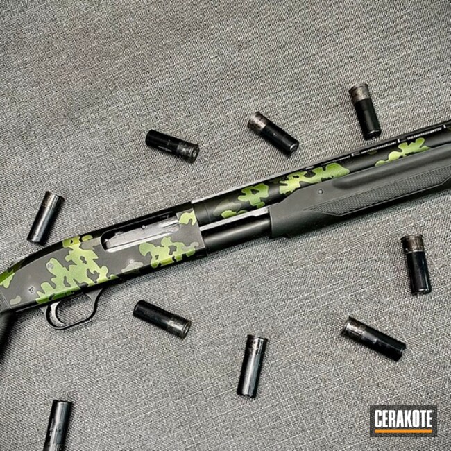 Custom Camo Mossberg 835 Shotgun Cerakoted Using Multicam® Bright Green, Graphite Black And Mil Spec Green