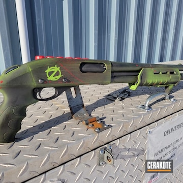 Blood Splatter Zombie Themed Remington 870 Cerakoted Using Armor Black, Usmc Red And Zombie Green