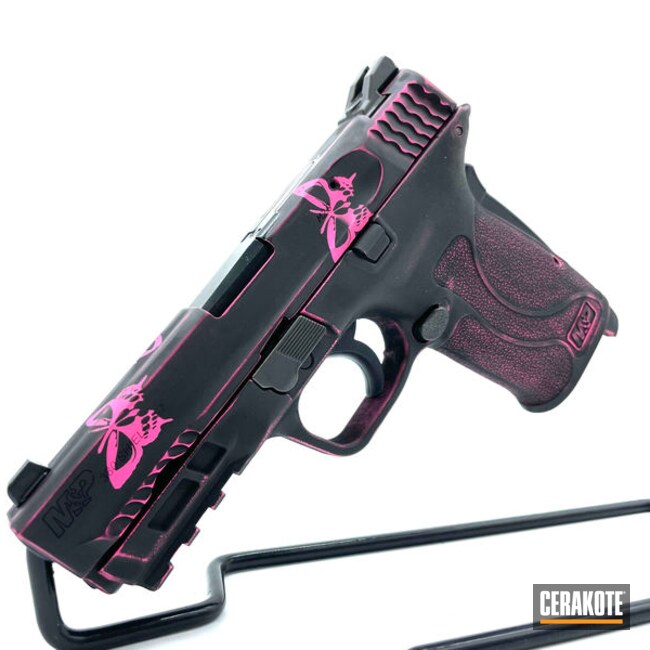 Distressed Skull Butterflies Themed Smith & Wesson M&p Cerakoted Using Prison Pink And Graphite Black