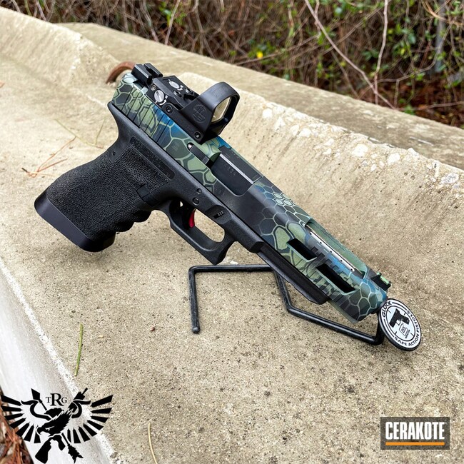 Kryptek Glock 34 Cerakoted Using Armor Black, Sky Blue And Multicam® Bright Green