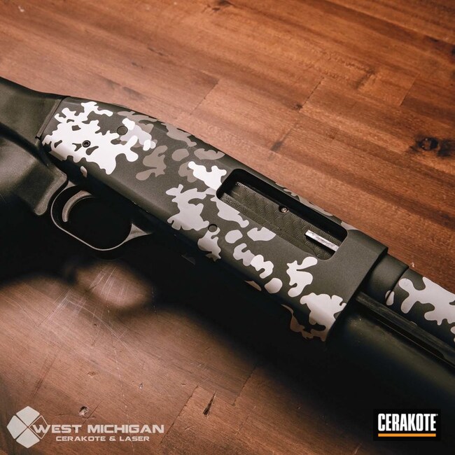 Custom Camo Shotgun And Pistol Cerakoted Using Hidden White, Graphite Black And Stone Grey