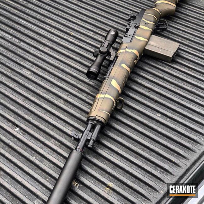 Custom Tiger Stripe M14 Rifle Cerakoted Using Graphite Black, O.d. Green And Magpul® Flat Dark Earth