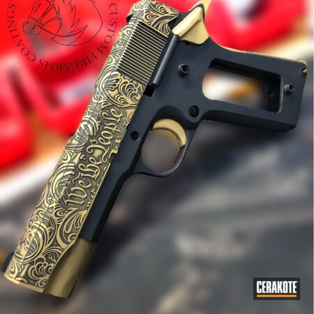 Powder Coating: Graphite Black H-146,1911,S.H.O.T,Pistol,Gold H-122,Deep Engraved,Engraved,Custom 1911