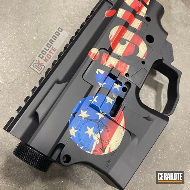 Distressed American Flag Ar Lower And Upper Cerakoted Using Hidden White, Usmc Red And Nra Blue
