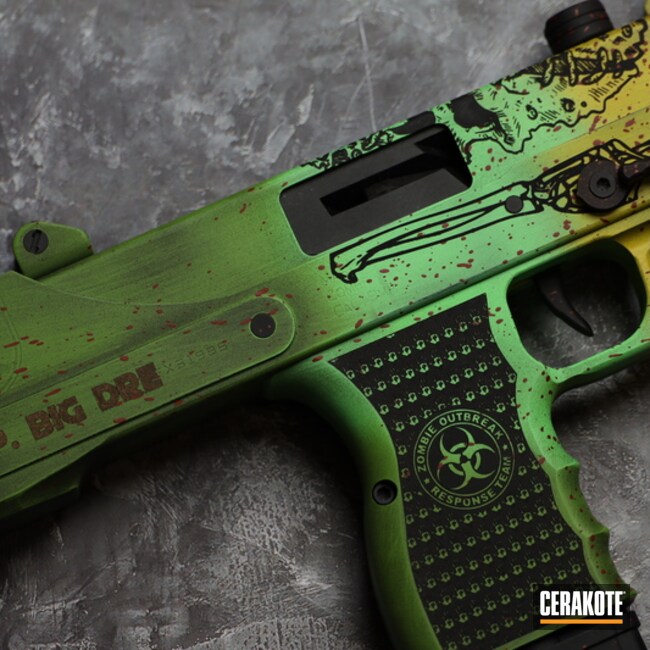 Zombie Themed Pistol Cerakoted Using Midnight Bronze, Zombie Green And Corvette Yellow