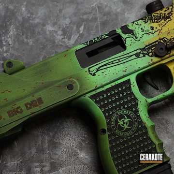 Zombie Themed Pistol Cerakoted Using Midnight Bronze, Zombie Green And Corvette Yellow