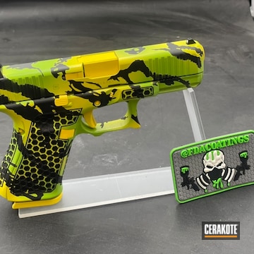 Custom Camo Glock 19 Cerakoted Using Zombie Green, Corvette Yellow And Graphite Black