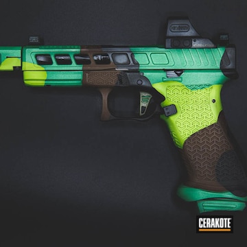Cerakoted Zombie Green, Squatch Green, Multicam® Dark Brown And Graphite Black Chunky Camo Glock 17