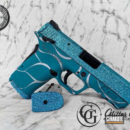 Powder Coating: Satin Aluminum H-151,Smith & Wesson,M&P Shield EZ,Ladies Daily Carry,Ladies,S.H.O.T,.380,Sparkle,Glitter,Custom,AZTEC TEAL H-349