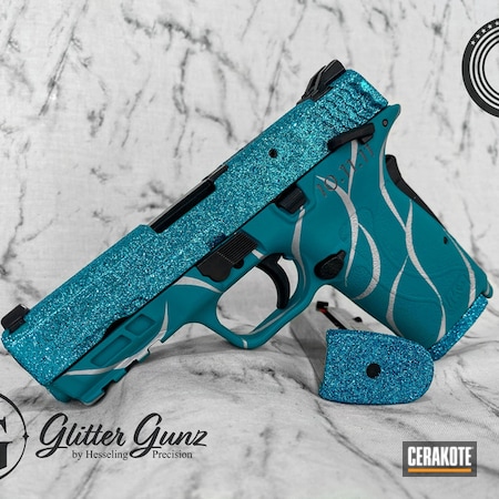 Powder Coating: Satin Aluminum H-151,Smith & Wesson,M&P Shield EZ,Ladies Daily Carry,Ladies,S.H.O.T,.380,Sparkle,Glitter,Custom,AZTEC TEAL H-349