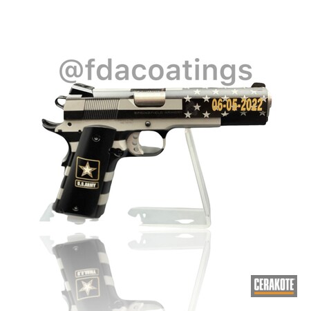 Powder Coating: Bright White H-140,.45 ACP,S.H.O.T,Springfield 1911,Gold H-122,Satin Mag H-147,Springfield Armory,Custom,Graphite Black H-146,Black and Silver,1911,Flag,Pistol,US Army,Crossed Pistols,Patriotic,.45,American Flag,Custom Grips,Army Strong