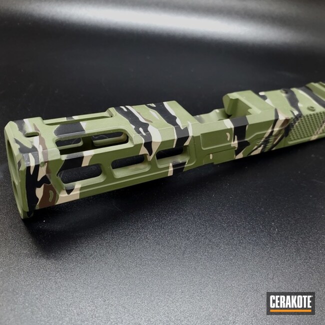 Cerakoted Graphite Black, Desert Sand And Multicam® Dark Green Camo Pistol Slide