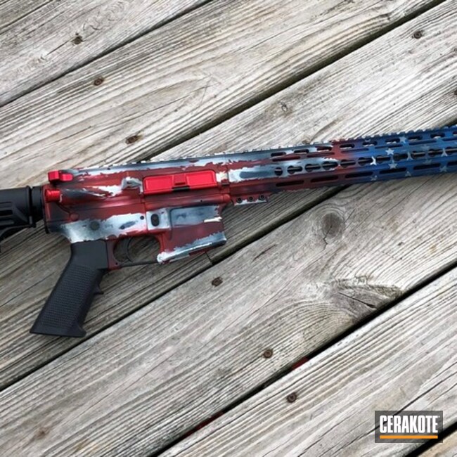 Tattered American Flag Themed Ar Cerakoted Magpul® Stealth Grey, Crimson, Graphite Black And Stormtrooper White 