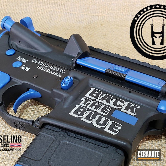 Cerakoted: S.H.O.T,BPD-15,Thin Blue Line,Honor and Sacrifice,AR-15 Pistol,Armor Black H-190,Police,Honor and Remember,Blue Line,Memorial,Laserengraving,Back The Blue,NRA Blue H-171,Police Officer,Laser Engraved,Honor,Hesseling Precision,Memorial Project,Laser