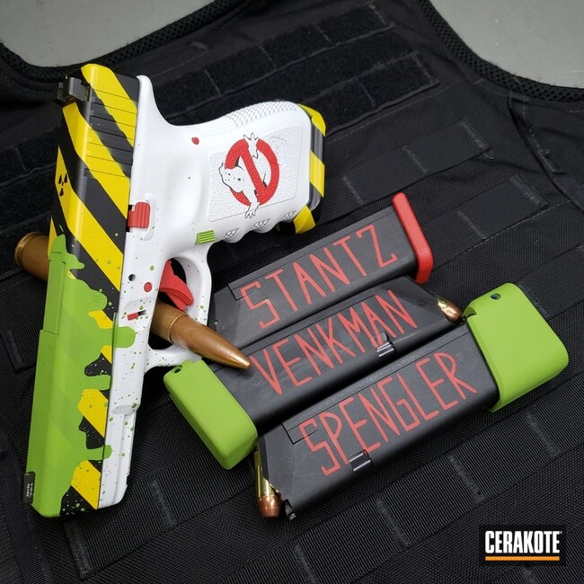 Ghostbusters Themed Glock 23 Cerakoted Using Usmc Red, Bright White And Zombie Green