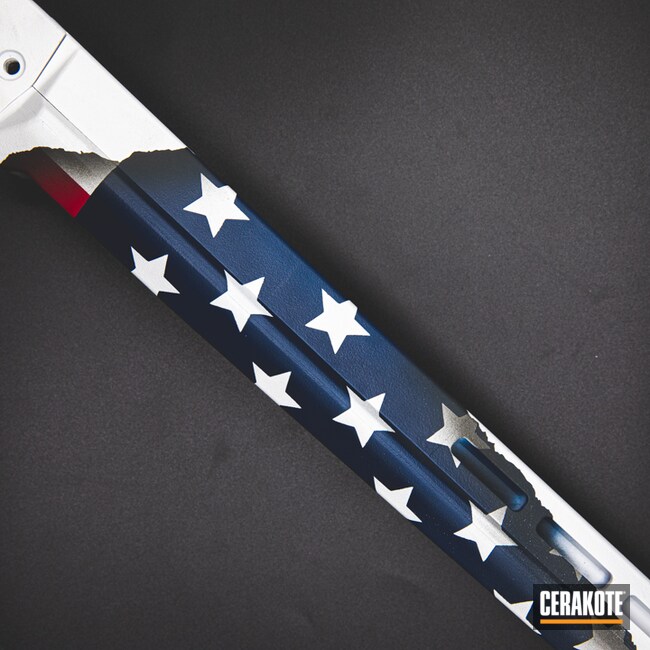 Cerakoted: S.H.O.T,Rifle Stock,American Hunter,RUBY RED H-306,Stormtrooper White H-297,Claw,Claw Pattern,KEL-TEC® NAVY BLUE H-127,American Flag,SIG™ DARK GREY H-210,Stars and Stripes,Bear Claw