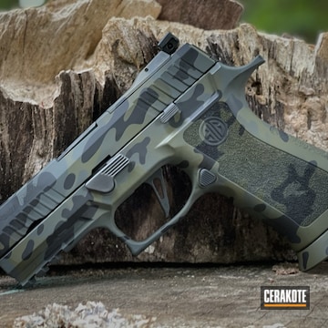 Custom Camo Sig Sauer P320 Cerakoted Using Sniper Green, Sig™ Dark Grey And Graphite Black