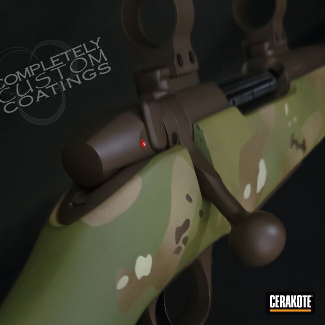 Custom Camo Bolt Action Rifle Cerakoted Using Desert Sand, Multicam® Pale Green And Chocolate Brown